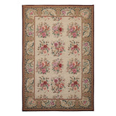 6x9 Ivory, Teal, Brown Color Hand Woven French Needlepoint Wool Traditional Oriental Rug